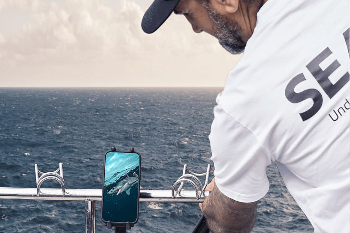 Fishing camera system being used to livestream underwater footage