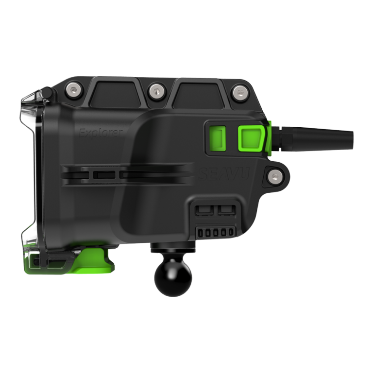 Explorer housing attached to a ball mount for flexible underwater positioning.
