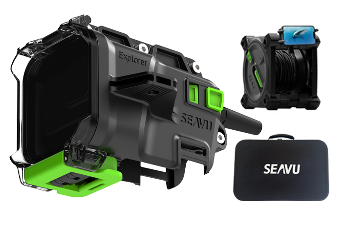 Seavu Explorer Adventure Kit showing underwater camera housing, cable reel, phone displaying live underwater footage, and accessory case with fishing attachments for drifting and trolling.