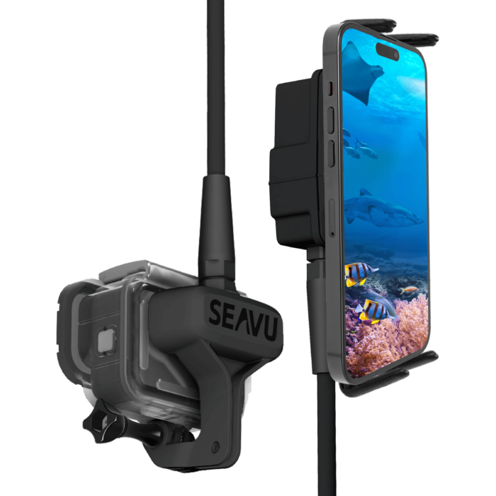 Seavu Seeker connected to action camera and phone for live underwater inspection footage