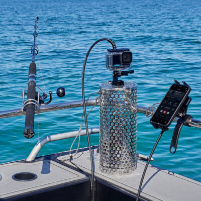 GoPro Hero13 connected to Seavu Seeker and mounted on burley pot with phone on boat rail and fishing rod