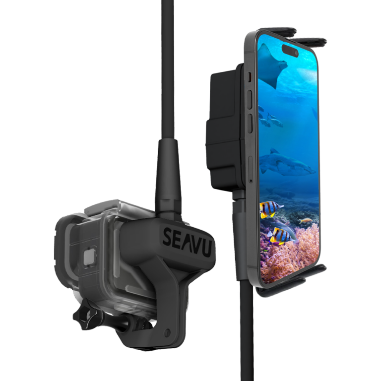 Seeker kit with action camera and mobile phoneSeavu Seeker Starter Kit with action camera and phone showing live underwater footage of marine life