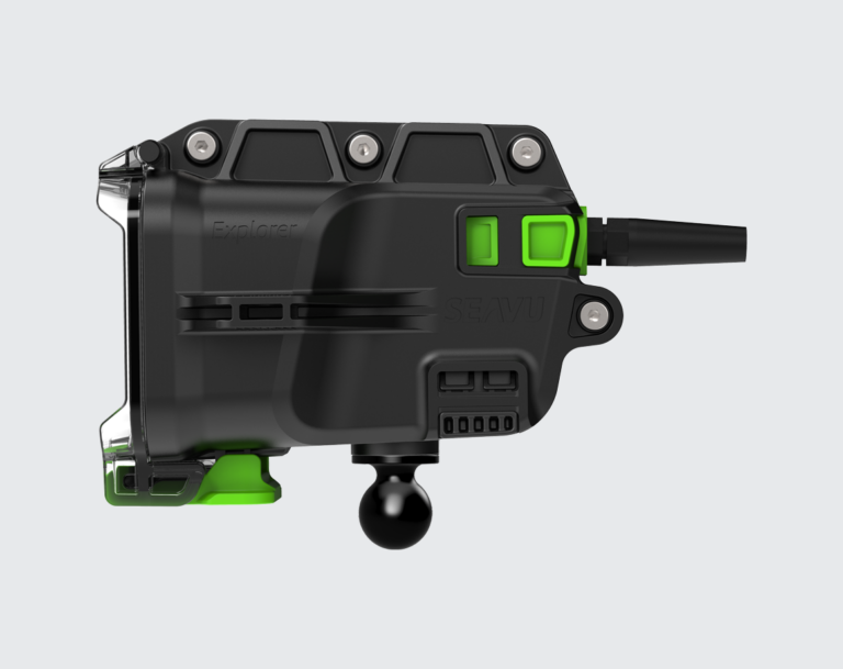 Explorer housing attached to a ball mount for flexible underwater positioning.