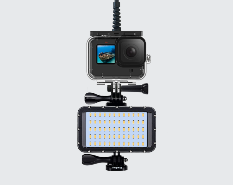 Seavu Seeker with underwater light and action camera mounted, ready for low-light underwater filming