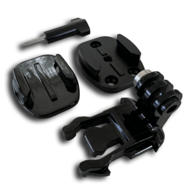 Seavu Seeker Universal Mount components: adhesive mount, screw mount, thumb screw, and long L-base quick release buckle