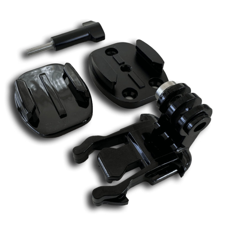 Seavu Seeker Universal Mount components: adhesive mount, screw mount, thumb screw, and long L-base quick release buckle