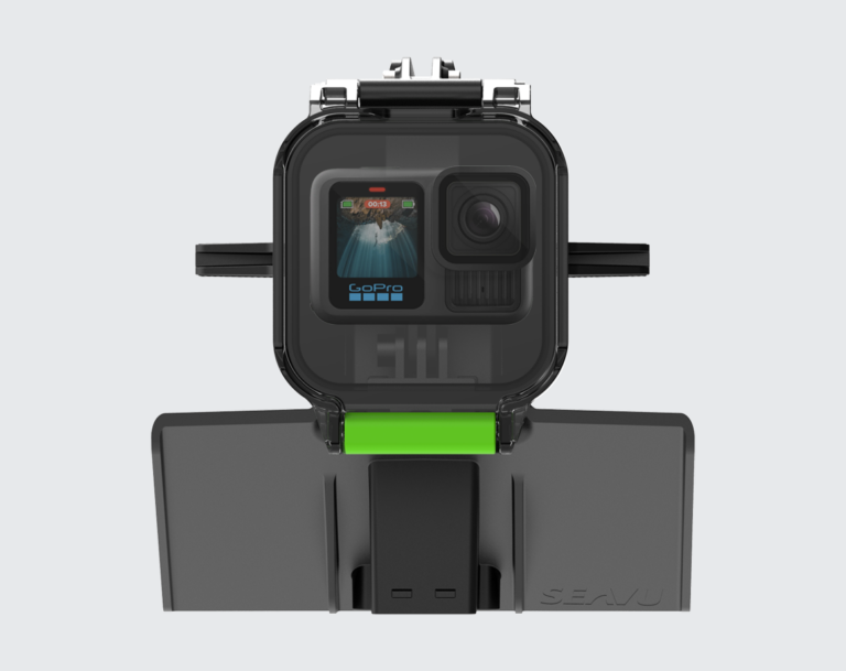 Seavu Explorer housing with GoPro and Troll Fin for steady underwater camera depth while trolling