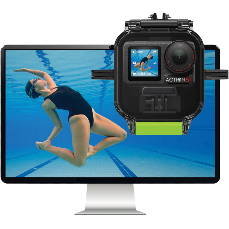 Seavu Explorer+ Pro with DJI Action 5 Pro connected to monitor showing live underwater footage of a girl